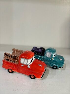 Two vintage old truck ceramic Harley parts and bikes salt and pepper shakers